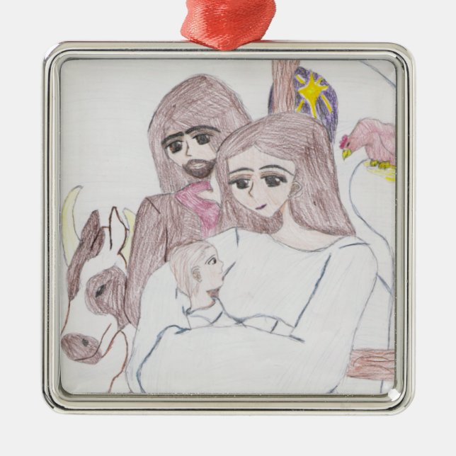 Christmas Nativity Coloured Pencil Drawing Metal Ornament (Front)