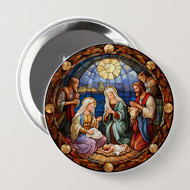Christmas Nativity colourful illustration, 4 Inch Round Button (Front & Back)