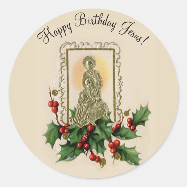 Christmas Nativity Holy Family Holly Berries Classic Round Sticker (Front)