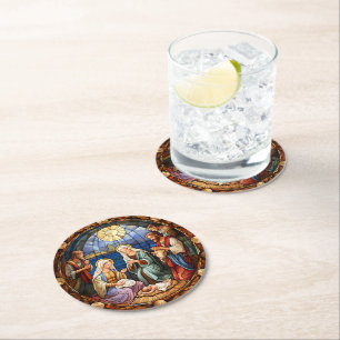 Christmas Nativity Illustration Round Paper Coaster