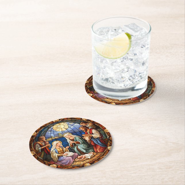 Christmas Nativity Illustration Round Paper Coaster (Insitu)