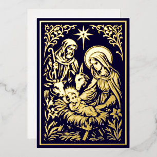 Christmas Nativity in Retro Art Nouveau Woodcut Foil Holiday Card