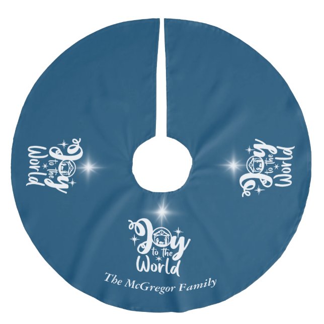 Christmas Nativity Joy to the World Blue & White Brushed Polyester Tree Skirt (Front)