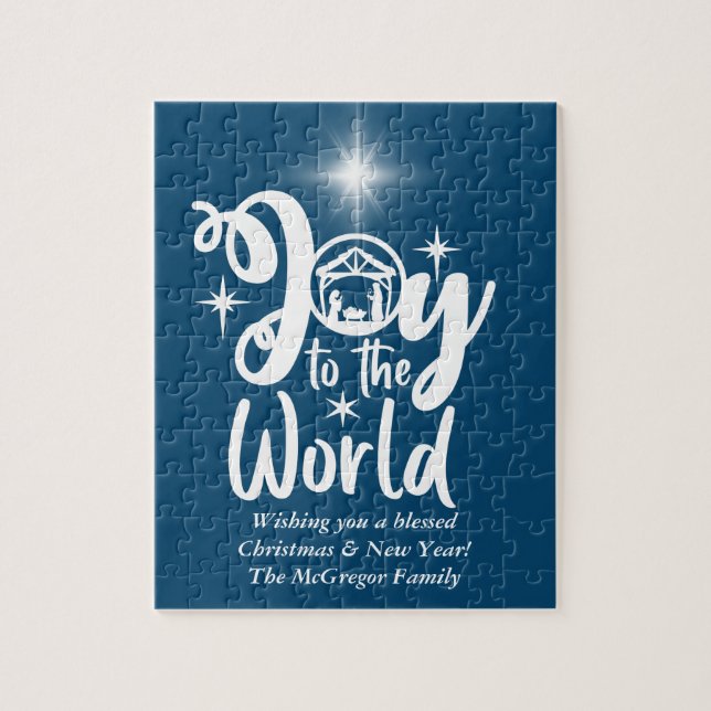 Christmas Nativity Joy to the World Blue & White J Jigsaw Puzzle (Vertical)