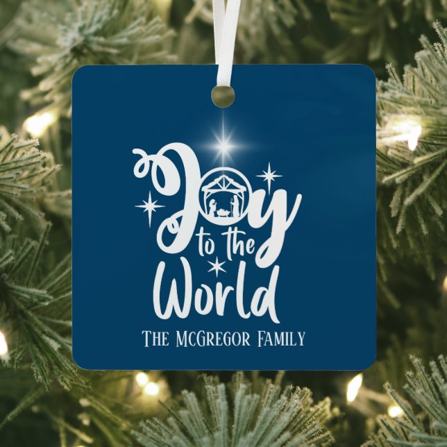 Christmas Nativity Joy To The World Blue & White Metal Ornament (Insitu)
