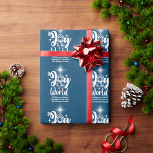Christmas Nativity Joy to the World Blue & White Wrapping Paper