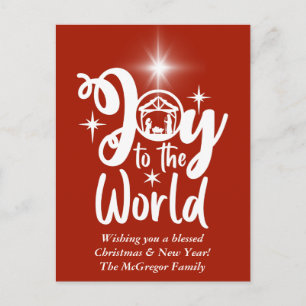 Christmas Nativity Joy to the World Red & White Holiday Postcard