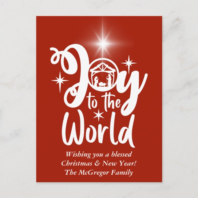 Christmas Nativity Joy to the World Red & White Holiday Postcard (Front)