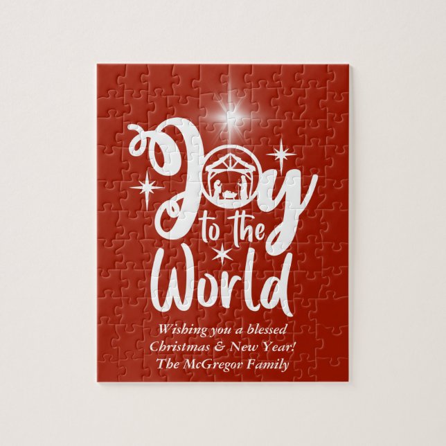 Christmas Nativity Joy to the World Red & White Jigsaw Puzzle (Vertical)