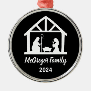 Christmas Nativity Manger Family Name & Year  Metal Ornament