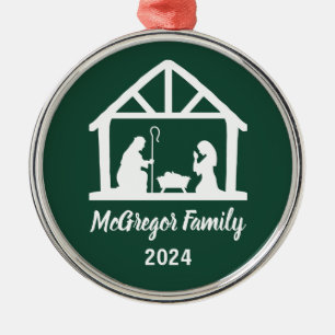 Christmas Nativity Manger Family Name & Year  Metal Ornament