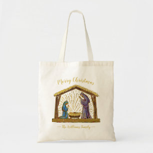 Christmas Nativity Manger Gold Family Name Tote Bag