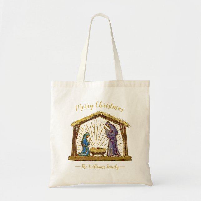Christmas Nativity Manger Gold Family Name Tote Bag (Front)