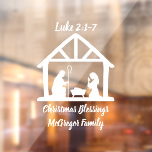 Christmas Nativity Manger Scripture Family Name Window Cling