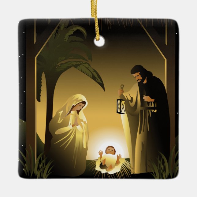 Christmas Nativity Mary, Joseph and Baby Jesus Ceramic Ornament (Front)