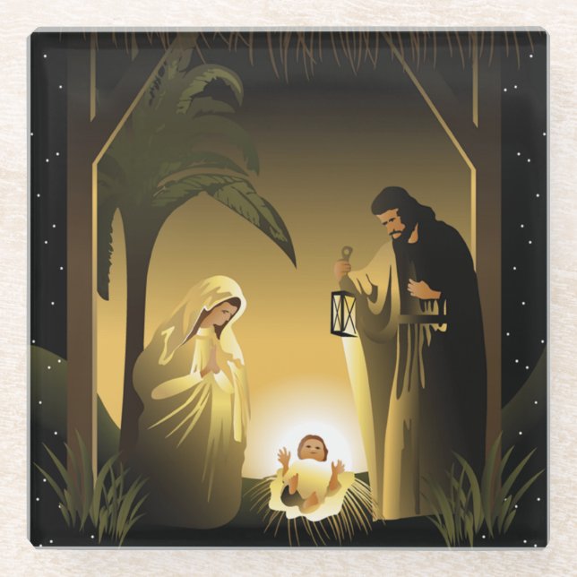 Christmas Nativity Mary, Joseph and Baby Jesus Glass Coaster (Front)