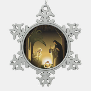 Christmas Nativity Mary, Joseph and Baby Jesus Snowflake Pewter Christmas Ornament