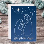 Christmas Nativity Modern Minimal Line Art Blue Foil Holiday Card<br><div class="desc">Celebrate the true meaning of Christmas with our exquisite religious Christmas card. Featuring a stunning line art depiction of the Holy Family in silver foil, this card showcases the phrase "love came down" on the front, beautifully adorned with a soothing blue ombre background and twinkling stars. The minimalistic design captures...</div>