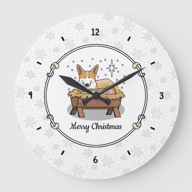 Christmas Nativity Pembroke Welsh Corgi (red1) Fun Large Clock (Front)
