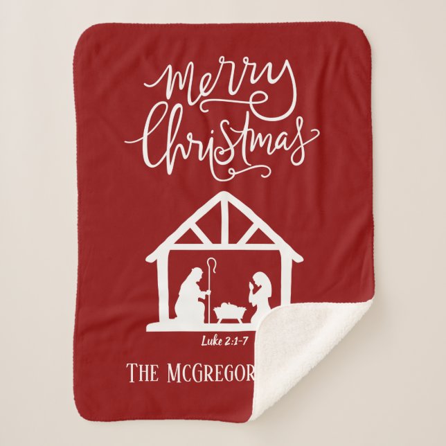 Christmas Nativity Red Family Name Sherpa Blanket (Front)