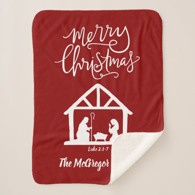 Christmas Nativity Red Family Name Typography Sherpa Blanket (Front)