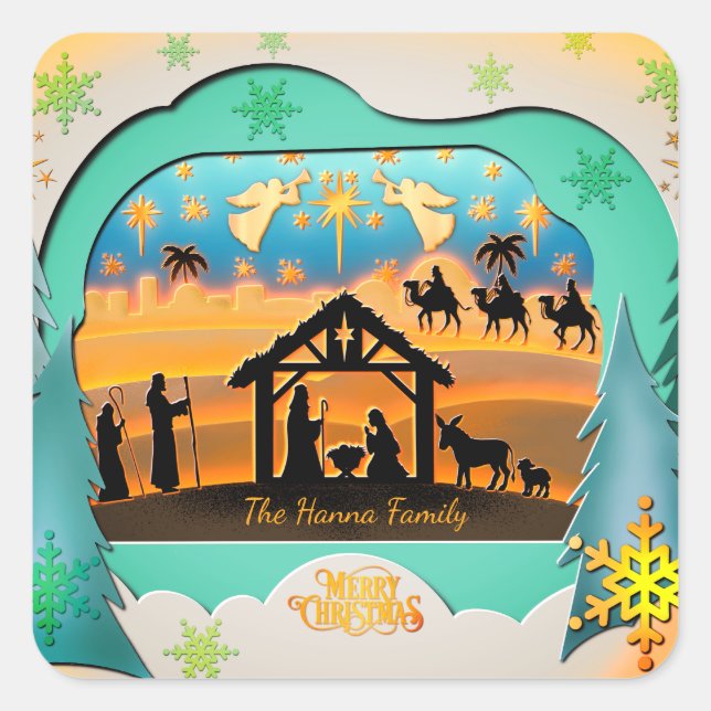 Christmas Nativity Scene 3D | Religious Holiday Square Sticker (Front)