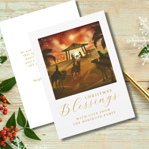 Christmas Nativity Scene Blessing Gold Script Holiday Card
