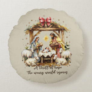 Christmas Nativity Scene Tan/Gold Round Pillow