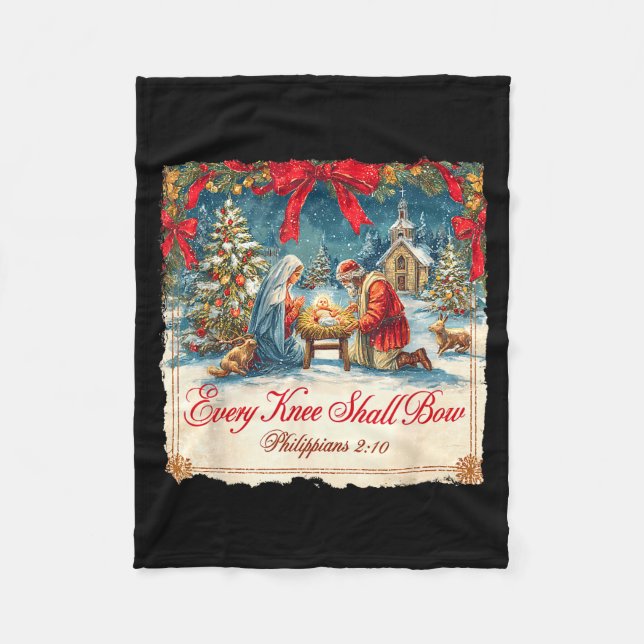 Christmas Nativity Scene Xmas Every Knee Shall Bow Fleece Blanket (Front)