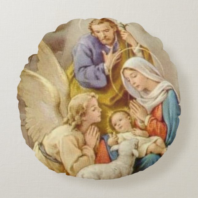 Christmas Nativity St. Joseph, Mary, Jesus, Angel Round Pillow (Front)