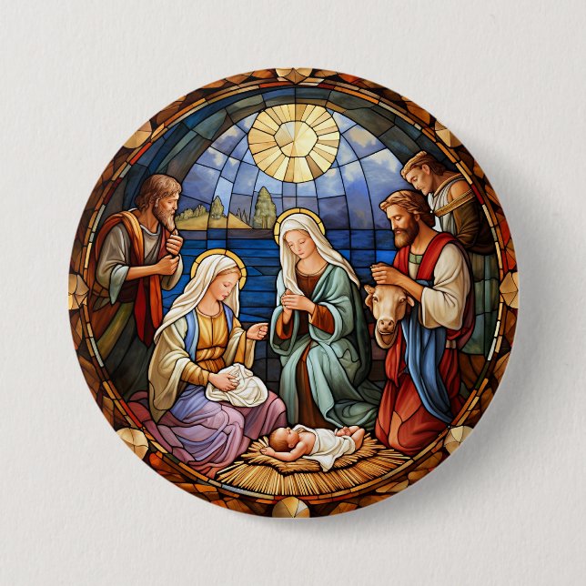Christmas Nativity Stained Glass 3 Inch Round Button (Front)
