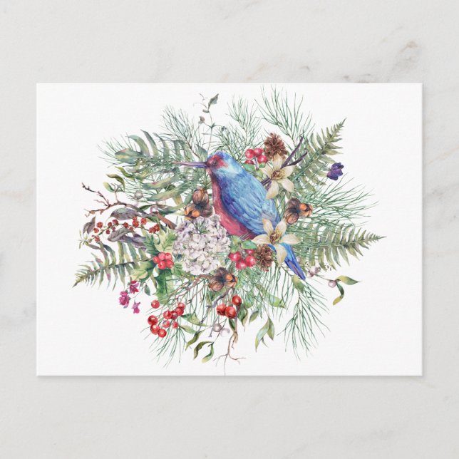 Christmas Nature Illustration with Bird & Berries Holiday Postcard (Front)