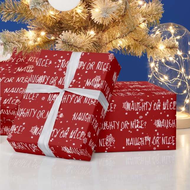 Christmas NAUGHTY OR NICE Text and Snowflakes Wrapping Paper (Holidays)