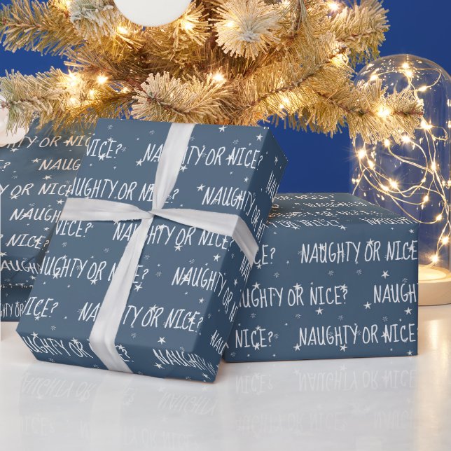 Christmas NAUGHTY OR NICE Text On Stars Wrapping Paper (Holidays)