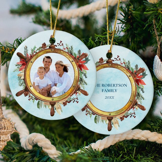 Christmas Nautical Beach Ships Wheel Photo Ceramic Ornament (Creator Uploaded)