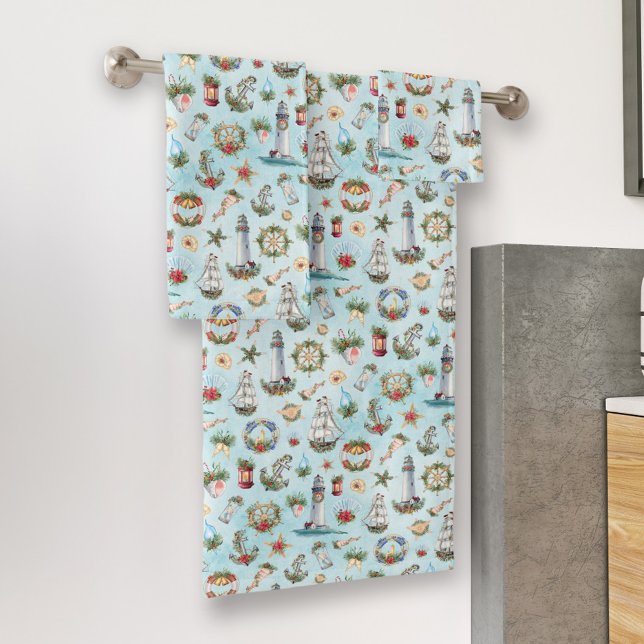 Christmas Nautical Coastal Lighthouses Ship Bath Towel Set (Creator Uploaded)