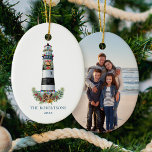 Christmas Nautical Lighthouse Family Photo  Ceramic Ornament<br><div class="desc">Add your own family photo to this personalized nautical Christmas lighthouse ornament,  as a keepsake to remember your fun family beach vacation. Please check out the collection for matching products. If you would like more matching products or other colorways,  please contact me through Zazzle Chat.</div>
