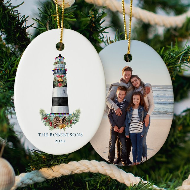 Christmas Nautical Lighthouse Family Photo  Ceramic Ornament (Creator Uploaded)