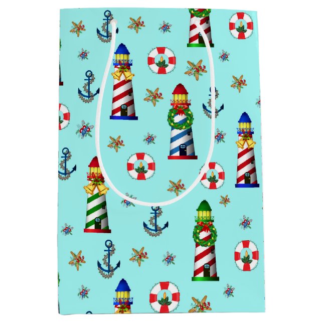 Christmas Nautical Lighthouses Medium Gift Bag (Front)