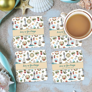 Christmas Nautical Seas’n Greetings Personalized Square Paper Coaster