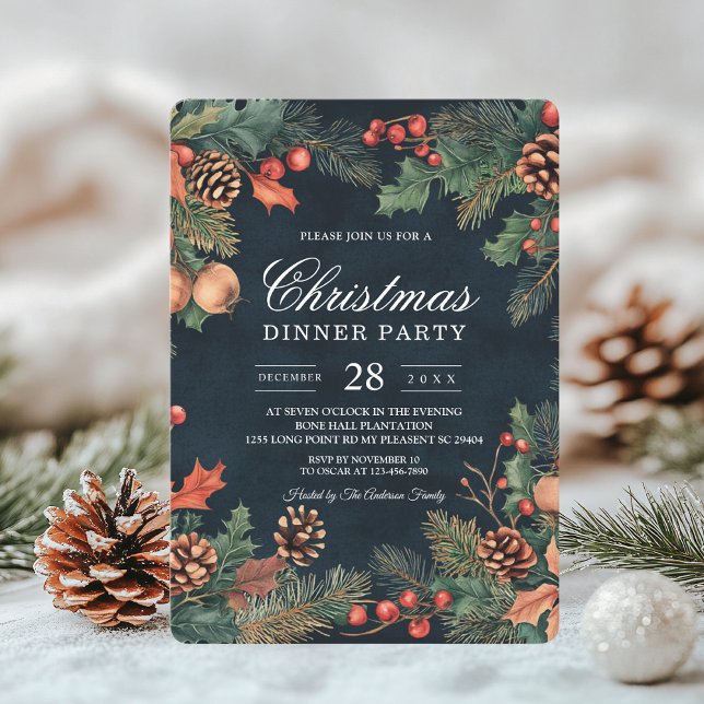 Christmas Navy Blue and Pine Holiday Invitation (Creator Uploaded)