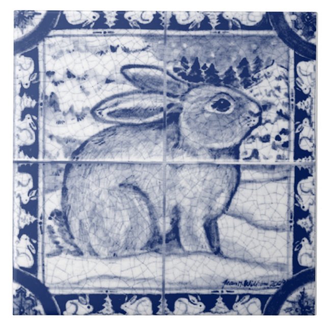 Christmas Navy Blue White Snow Bunny Dedham Delft Tile (Front)