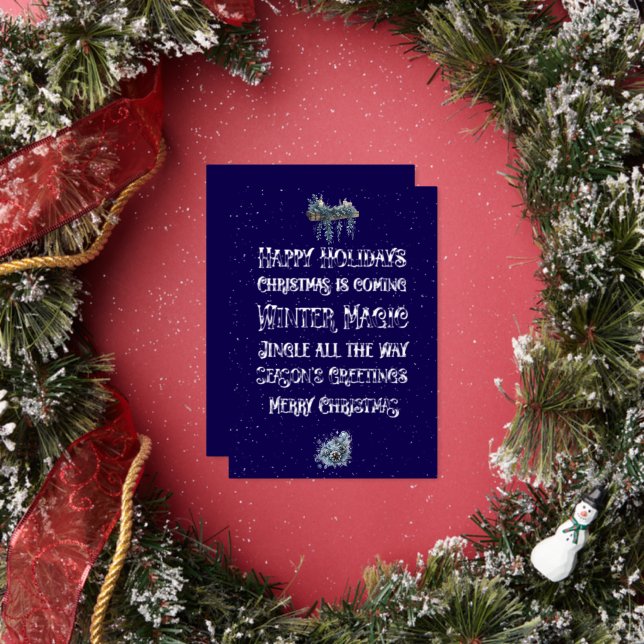 Christmas Navy Blue with Silver Word Art Silver Foil Holiday Card (Insitu)