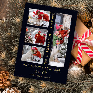 Christmas Navy & Gold 4 Multi photos Funny Script Holiday Card