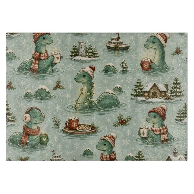 Christmas Nessie Loch Ness Monster Cozy Cryptids  Cutting Board (Front)