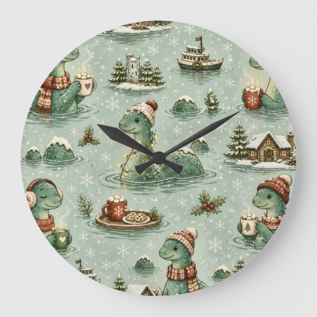 Christmas Nessie Loch Ness Monster Cozy Cryptids  Large Clock (Front)