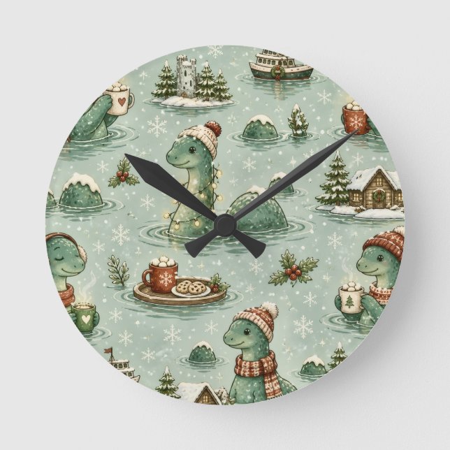 Christmas Nessie Loch Ness Monster Cozy Cryptids  Round Clock (Front)