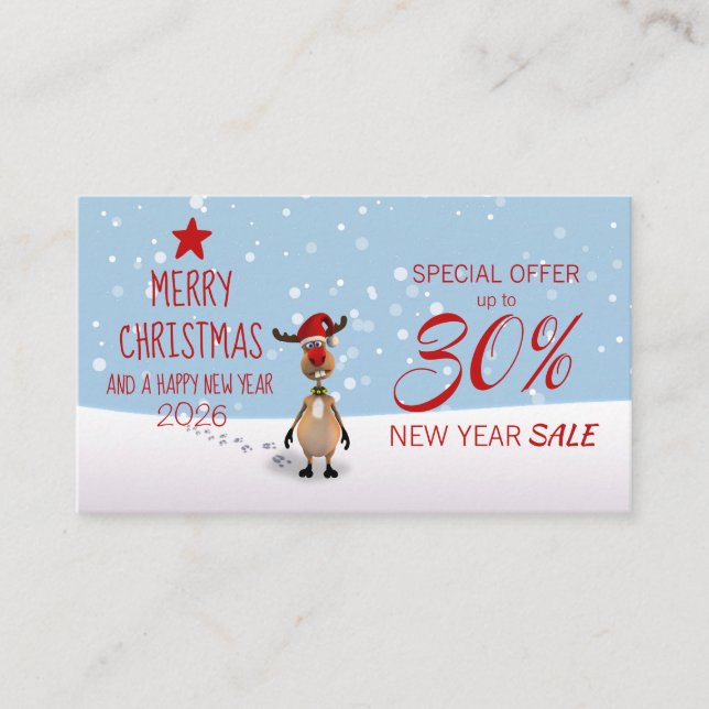 Christmas New Year 2026 Fun Reindeer Discount Card (Front)