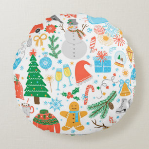 Christmas, New Year icon set. Winter holidays Vint Round Pillow