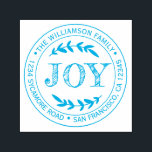 Christmas New Year Joy Family Round Return Address Self-inking Stamp<br><div class="desc">Christmas family round return address self-inking stamp with your name and address in bright blue stylish typography with a pretty hand drawn JOY text illustration. Simply add your name and address. Exclusively designed for you by Happy Dolphin Studio. If you need any help or matching products please contact us at...</div>